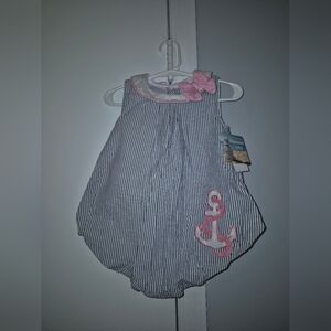 NWT Sunshine Baby Striped Navy Bubble Romper with Pink Anchor Accent Size 18 M